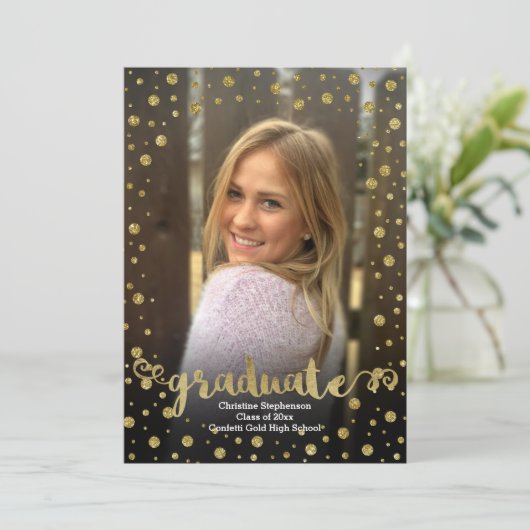 Fun Faux Gold Glitter Confetti Photo Afstuderen Kaart (Staand voorkant)