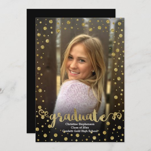 Fun Faux Gold Glitter Confetti Photo Afstuderen Kaart (Voorkant / Achterkant)