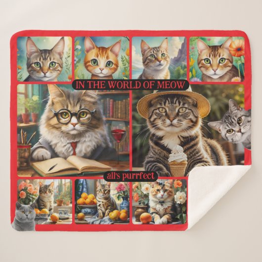 Fun Feel Good Cat Art Collage Sherpa Deken (Voorkant (horizontaal))