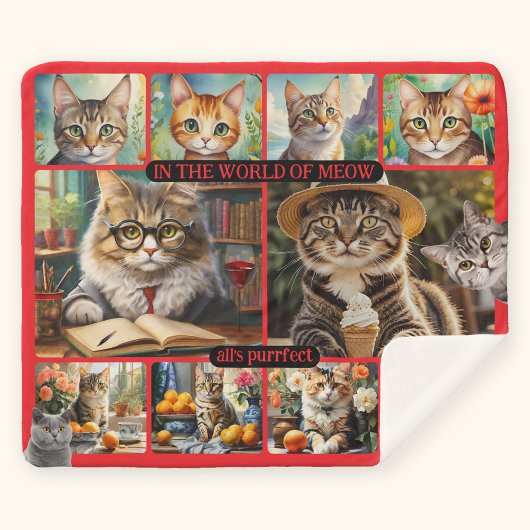 Fun Feel Good Cat Art Collage Sherpa Deken
