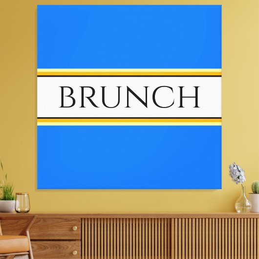 Fun Festive Bright Blue White BRUNCH Text Stripes Canvas Afdruk (Insitu (Woonkamer))