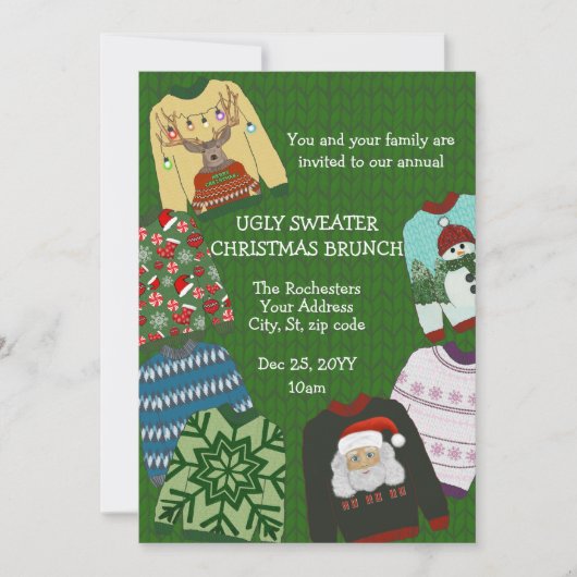 Fun Festive Green Ugly Sweater Kerstmis Brunch Kaart (Voorkant)