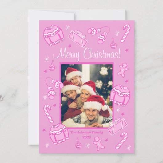 Fun & Festive Pink Doodle Holiday Card Feestdagenkaart (Voorkant)