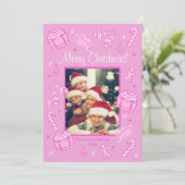 Fun & Festive Pink Doodle Holiday Card Feestdagenkaart (Staand voorkant)