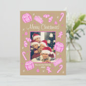 Fun & Festive Pink Doodle Holiday Card Feestdagenkaart (Staand voorkant)