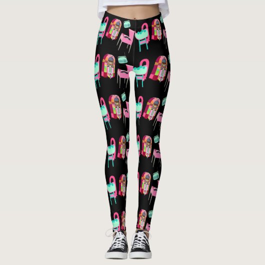 Fun Fifties Jukebox Muziekspelers Patroon Leggings (Voorkant)