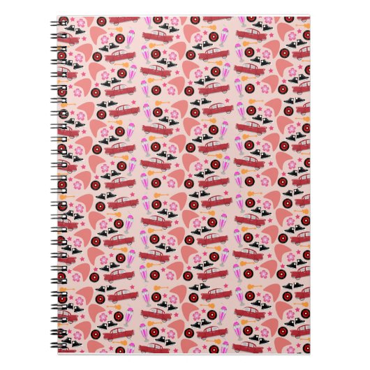 Fun Fifties Retro Pink Guitars Boomerangs Pattern Notitieboek (Voorkant)