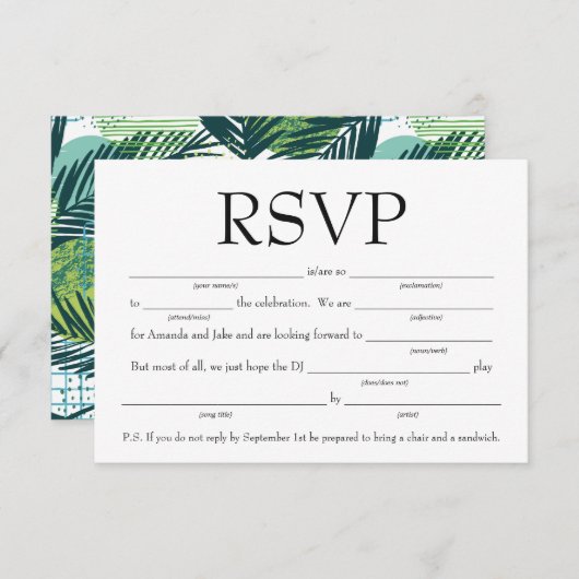 Fun Fill-in-the-Blank RSVP w/Song Request Kaart (Voorkant / Achterkant)