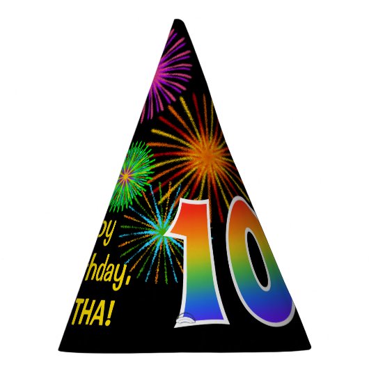 Fun Fireworks + Rainbow Pattern "10" Birthday # Feesthoedjes (Rechts)