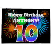 Fun Fireworks + Rainbow Pattern "10" Birthday # Groot Cadeauzakje (Achterkant)