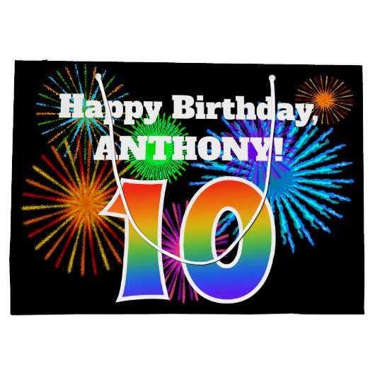 Fun Fireworks + Rainbow Pattern "10" Birthday # Groot Cadeauzakje (Achterkant)