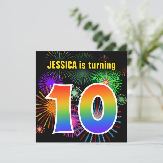 Fun Fireworks + Rainbow Pattern "10" Birthday # Kaart (Staand voorkant)