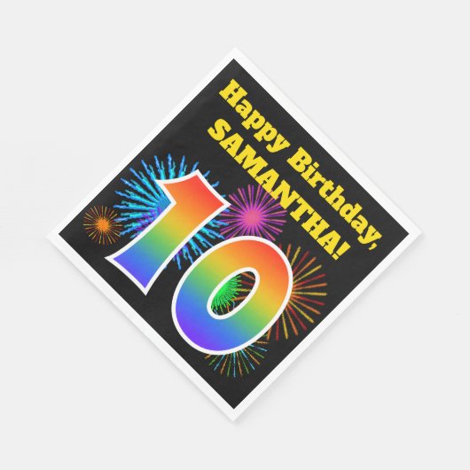 Fun Fireworks + Rainbow Pattern "10" Birthday # Servet (Hoek)