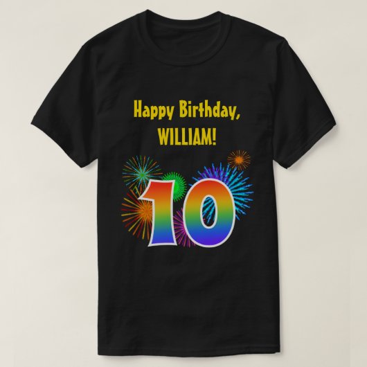 Fun Fireworks + Rainbow Pattern "10" Birthday # T-shirt (Design voorkant)