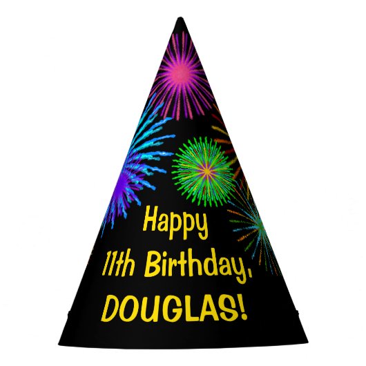Fun Fireworks + Rainbow Pattern "11" Birthday # Feesthoedjes (Voorkant)