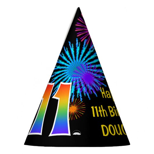Fun Fireworks + Rainbow Pattern "11" Birthday # Feesthoedjes (Links)