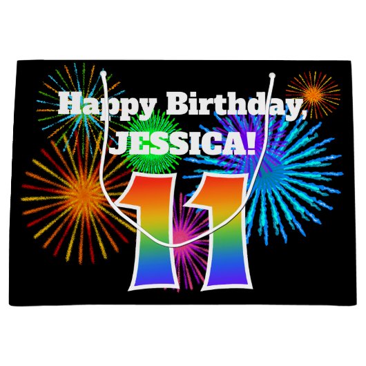 Fun Fireworks + Rainbow Pattern "11" Birthday # Groot Cadeauzakje (Voorkant)