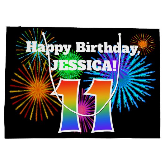 Fun Fireworks + Rainbow Pattern "11" Birthday # Groot Cadeauzakje (Achterkant)