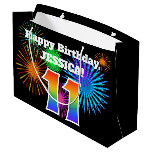 Fun Fireworks + Rainbow Pattern "11" Birthday # Groot Cadeauzakje (Achterkant Gekanteld)