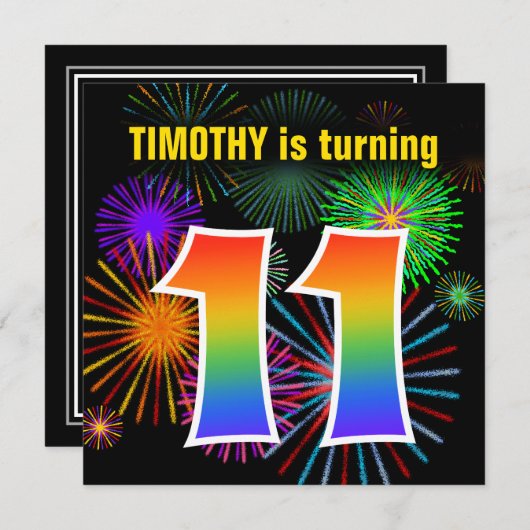 Fun Fireworks + Rainbow Pattern "11" Birthday # Kaart (Voorkant / Achterkant)