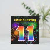 Fun Fireworks + Rainbow Pattern "11" Birthday # Kaart (Staand voorkant)
