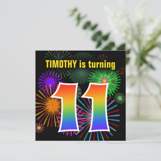 Fun Fireworks + Rainbow Pattern "11" Birthday # Kaart (Staand voorkant)