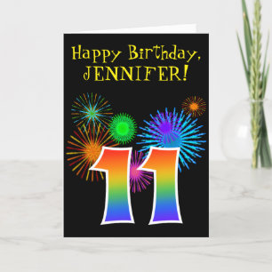 Fun Fireworks + Rainbow Pattern "11" Birthday # Kaart