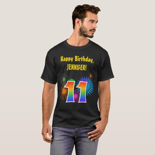 Fun Fireworks + Rainbow Pattern "11" Birthday # T-shirt (Voorkant volledig)