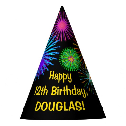 Fun Fireworks + Rainbow Pattern "12" Birthday # Feesthoedjes (Voorkant)