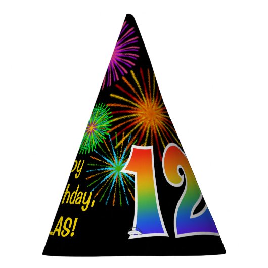 Fun Fireworks + Rainbow Pattern "12" Birthday # Feesthoedjes (Rechts)