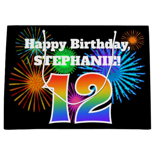 Fun Fireworks + Rainbow Pattern "12" Birthday # Groot Cadeauzakje (Voorkant)