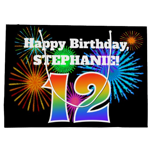 Fun Fireworks + Rainbow Pattern "12" Birthday # Groot Cadeauzakje (Achterkant)