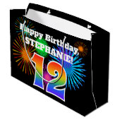 Fun Fireworks + Rainbow Pattern "12" Birthday # Groot Cadeauzakje (Achterkant Gekanteld)