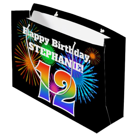 Fun Fireworks + Rainbow Pattern "12" Birthday # Groot Cadeauzakje (Achterkant Gekanteld)