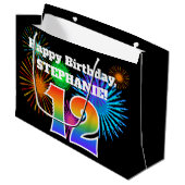 Fun Fireworks + Rainbow Pattern "12" Birthday # Groot Cadeauzakje (Voorkant Gekanteld)