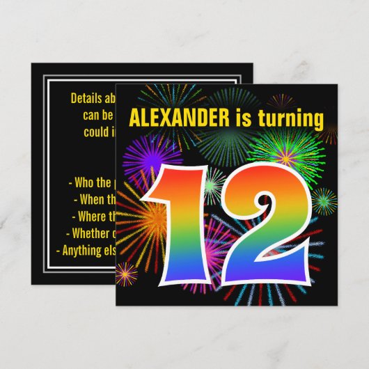 Fun Fireworks + Rainbow Pattern "12" Birthday # Kaart (Voorkant / Achterkant)