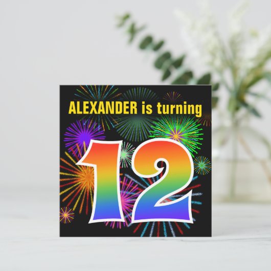 Fun Fireworks + Rainbow Pattern "12" Birthday # Kaart (Staand voorkant)