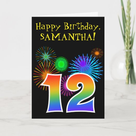 Fun Fireworks + Rainbow Pattern "12" Birthday # Kaart (Voorkant)