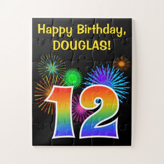 Fun Fireworks + Rainbow Pattern "12" Birthday # Legpuzzel (Verticaal)