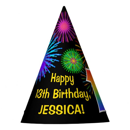 Fun Fireworks + Rainbow Pattern "13" Birthday # Feesthoedjes (Voorkant)