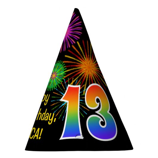 Fun Fireworks + Rainbow Pattern "13" Birthday # Feesthoedjes (Rechts)