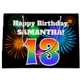 Fun Fireworks + Rainbow Pattern "13" Birthday # Groot Cadeauzakje (Voorkant)