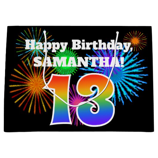 Fun Fireworks + Rainbow Pattern "13" Birthday # Groot Cadeauzakje (Voorkant)