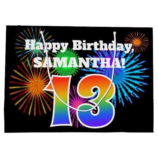 Fun Fireworks + Rainbow Pattern "13" Birthday # Groot Cadeauzakje (Achterkant)