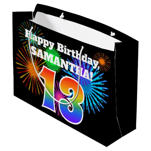 Fun Fireworks + Rainbow Pattern "13" Birthday # Groot Cadeauzakje (Achterkant Gekanteld)