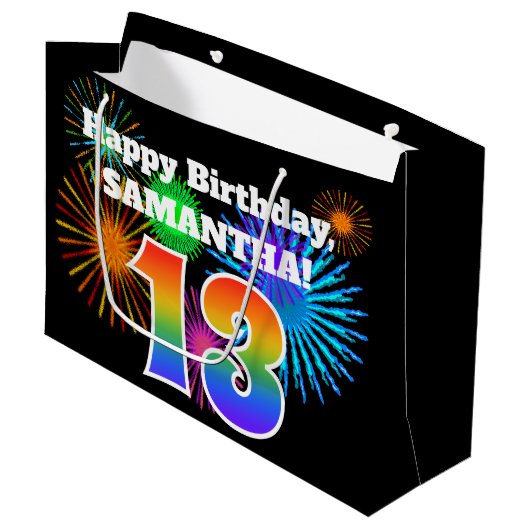 Fun Fireworks + Rainbow Pattern "13" Birthday # Groot Cadeauzakje (Voorkant Gekanteld)