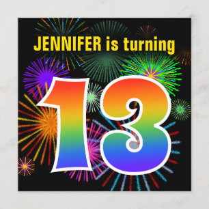 Fun Fireworks + Rainbow Pattern "13" Birthday # Kaart