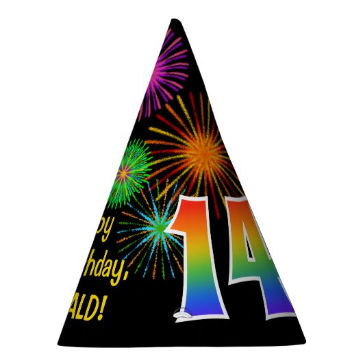 Fun Fireworks + Rainbow Pattern "14" Birthday # Feesthoedjes (Rechts)
