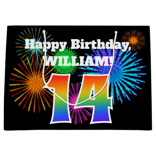 Fun Fireworks + Rainbow Pattern "14" Birthday # Groot Cadeauzakje (Voorkant)