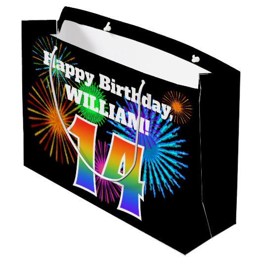Fun Fireworks + Rainbow Pattern "14" Birthday # Groot Cadeauzakje (Achterkant Gekanteld)